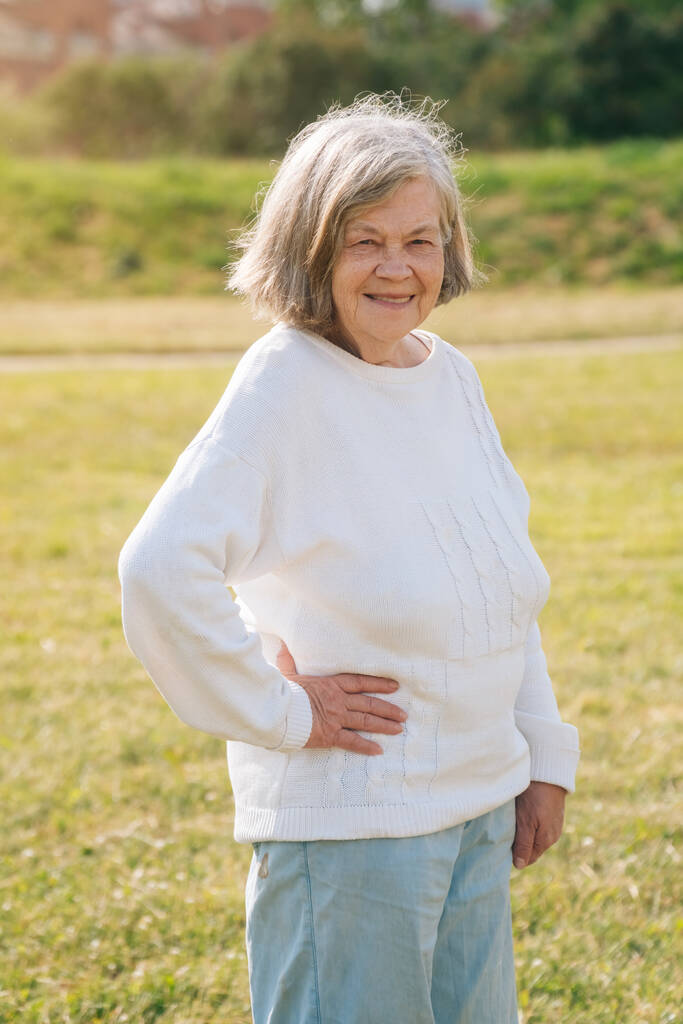 Gri saçlı yetişkin Avrupalı bir büyükannenin portresi parktaki doğanın arka planına karşı. Yaşlı yaşlı kadın gülümsüyor. - Fotoğraf, Görsel
