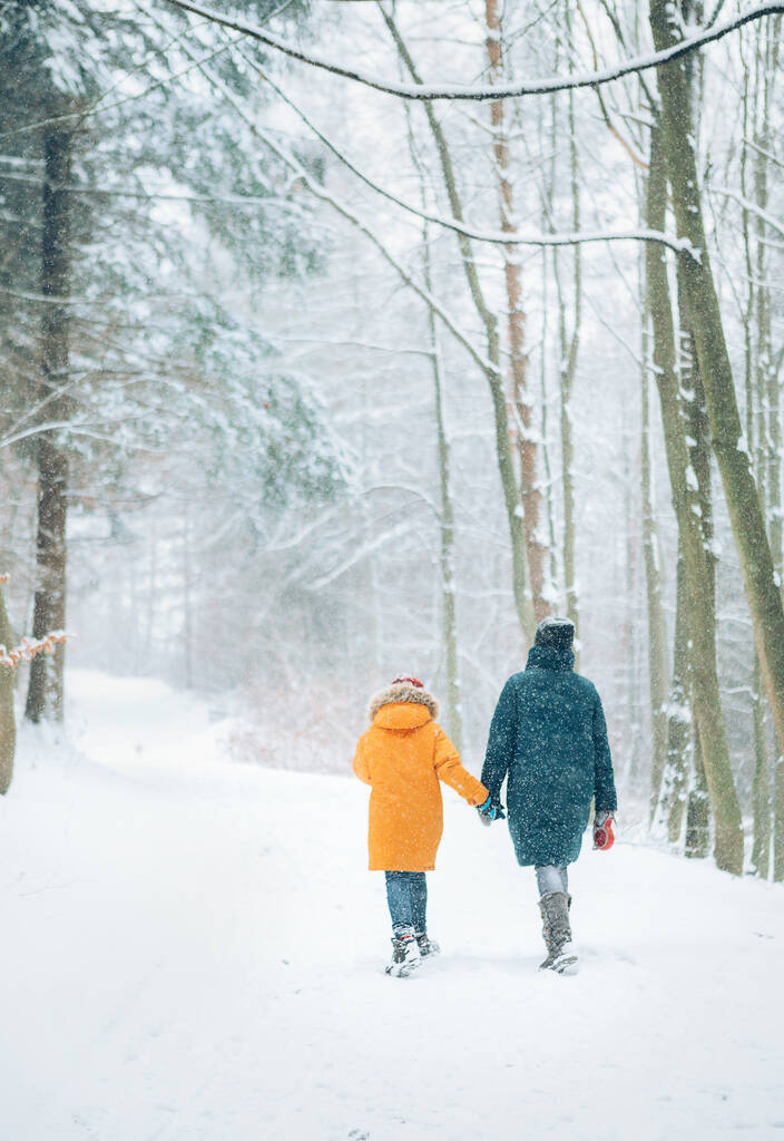 Matka i syn spacerujący po zaśnieżonym lesie. Koncepcja wizerunku rodziny matki i syna. - Zdjęcie, obraz
