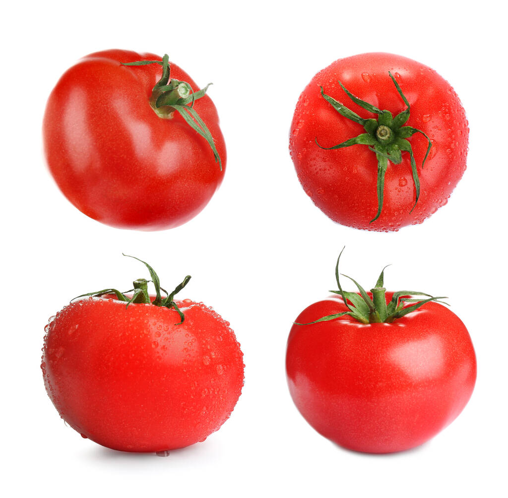 Set con deliciosos tomates cherry maduros sobre fondo blanco
  - Foto, imagen