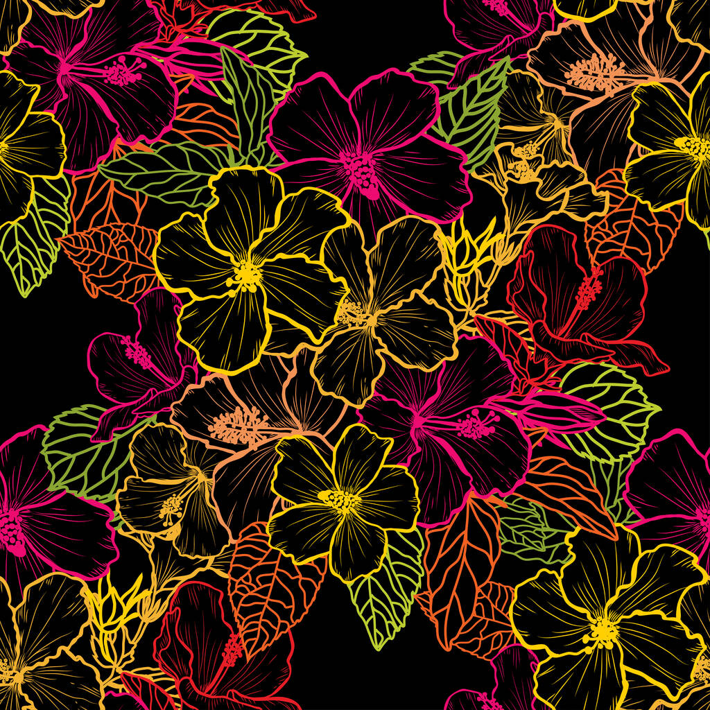 Élégant motif sans couture avec fleurs d'hibiscus, éléments de design. Motif floral pour invitations, cartes, impression, emballage cadeau, fabrication, textile, tissu, papiers peints - Vecteur, image