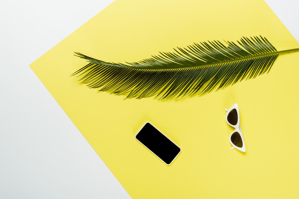 bovenaanzicht van groen palmblad bij zonnebril en smartphone op witte en gele achtergrond - Foto, afbeelding