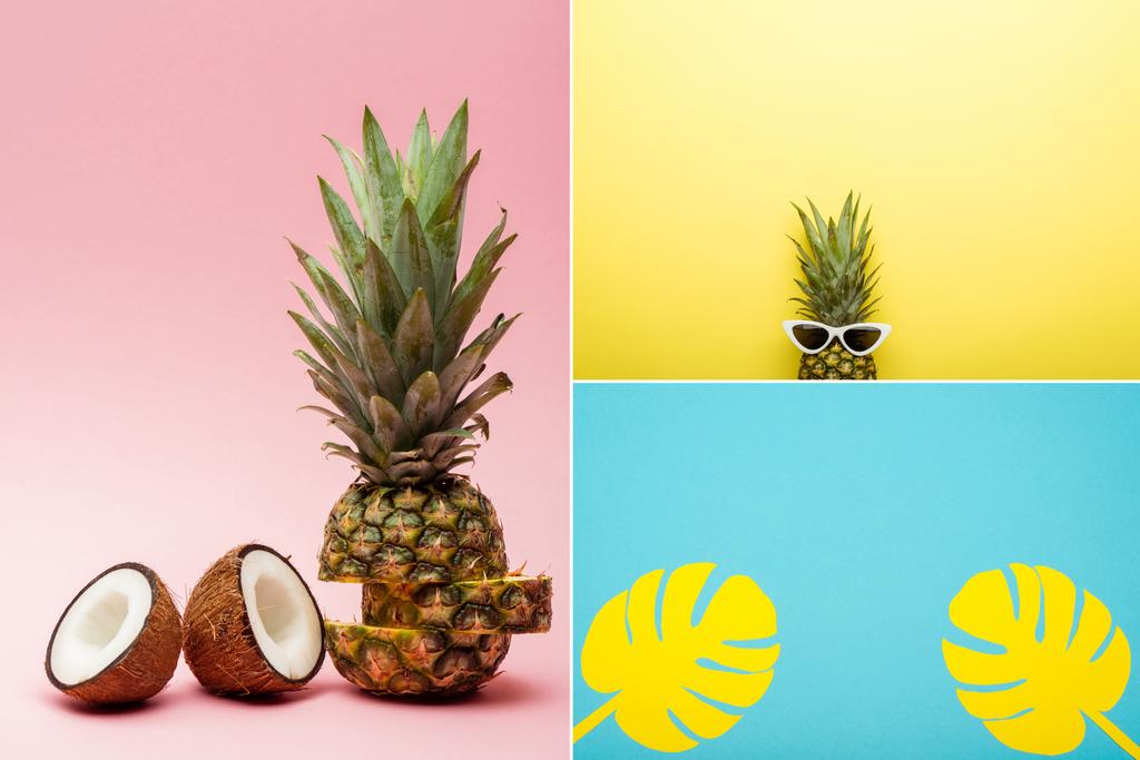 kollaasi trooppisia hedelmiä, aurinkolasit ja paperi palmunlehtiä vaaleanpunainen, sininen ja keltainen tausta - Valokuva, kuva