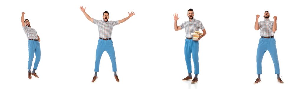 Collage of cheerful nerd gesturing and holding books on white background - Photo, Image