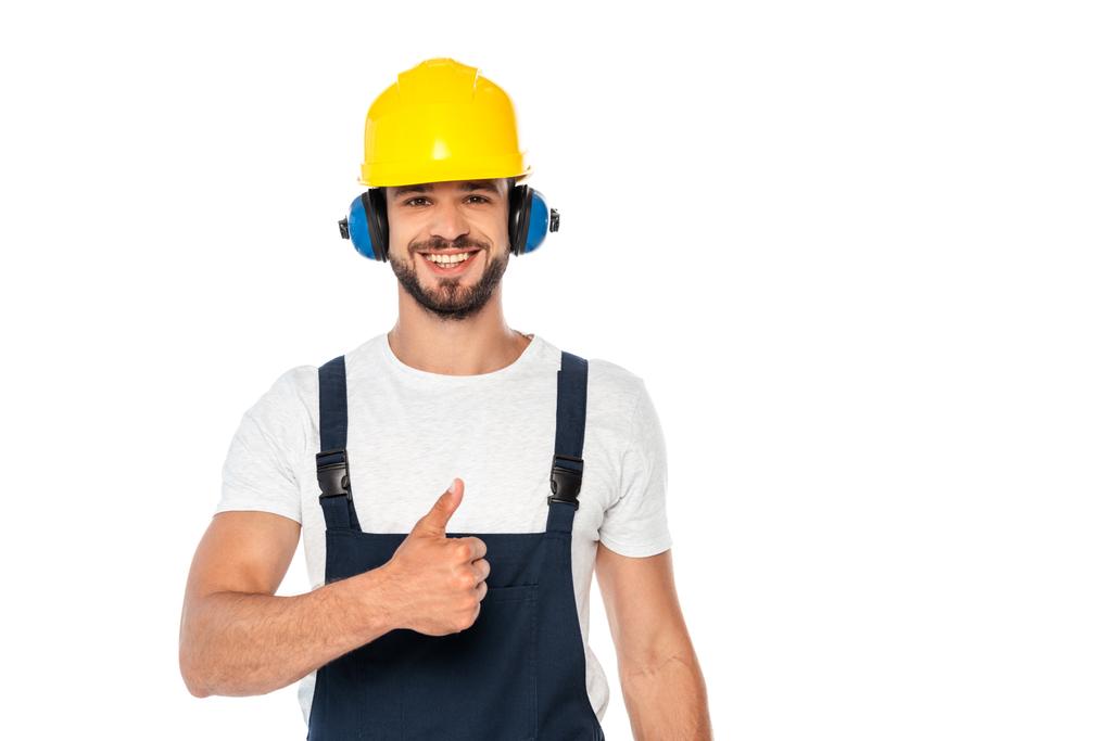 Handsome workman smiling and showing like gesture isolated on white - Photo, Image