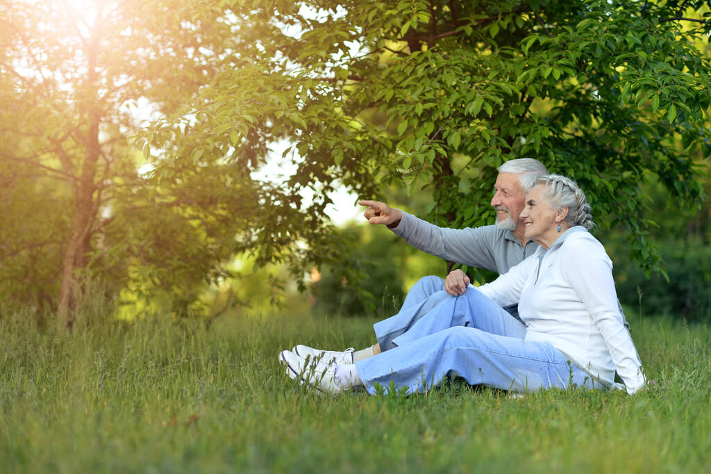 retrato de una hermosa pareja de ancianos en el parque. hombre señalando
 - Foto, imagen