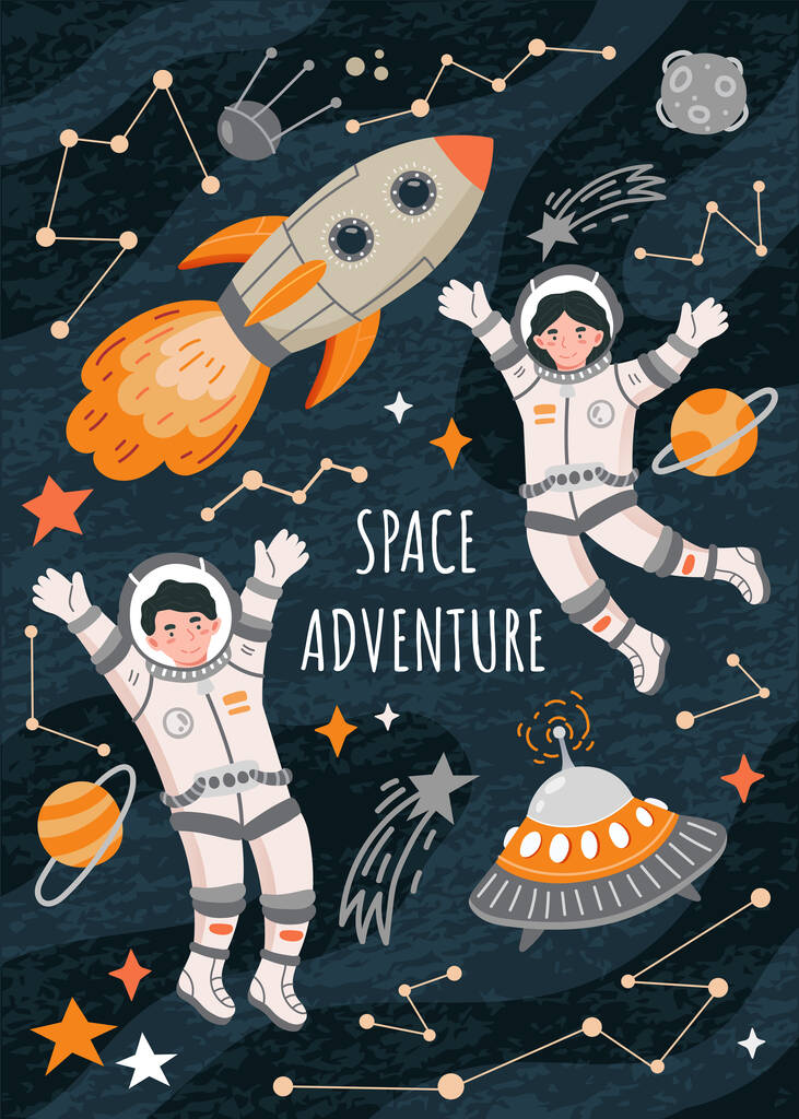Space adventure poster with astronauts - Vector, Image