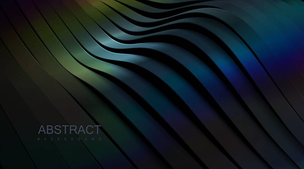 Gesneden golvend oppervlak. Vector futuristische illustratie. Zwarte abstracte achtergrond met dunne film reflectie effect. 3d reliëf met gebogen linten. Decoratie-element. Modern ontwerp van de omslag - Vector, afbeelding