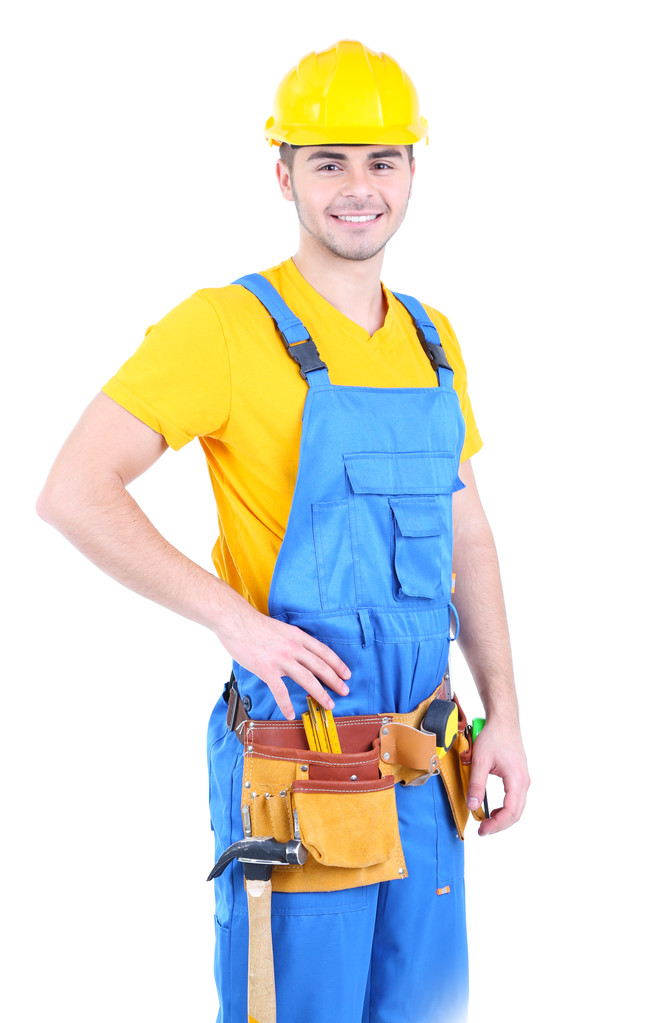 mężczyzna konstruktora w żółty kask na białym tle - Zdjęcie, obraz