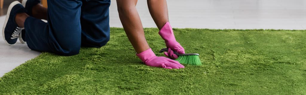 Cultivo panorámico de trabajador afroamericano de servicio de limpieza de alfombras utilizando cepillo en sala de estar
 - Foto, Imagen