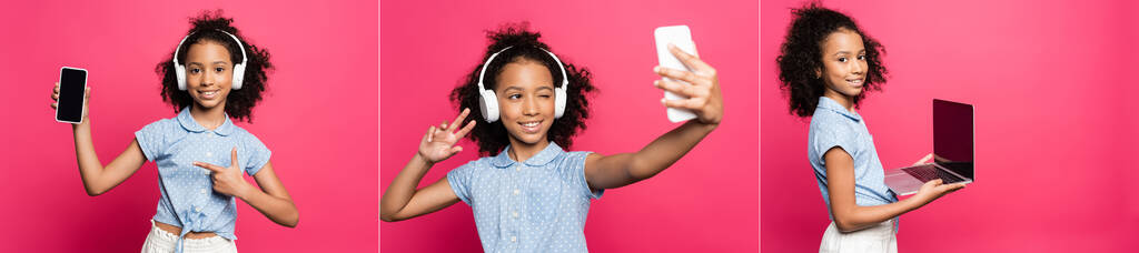kolaż uśmiechniętego, kręconego afrykańskiego dziecka w słuchawkach ze smartfonem i laptopem odizolowanym na różowo - Zdjęcie, obraz