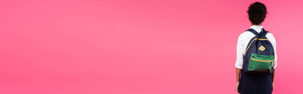 вид ззаду афроамериканської школярки з рюкзаком ізольовано на рожевому, панорамному пострілі
 - Фото, зображення