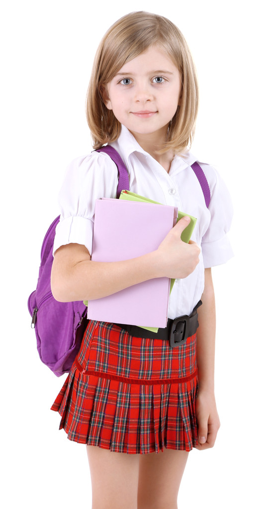 Menina bonita com mochila segurando livros isolados em branco
 - Foto, Imagem