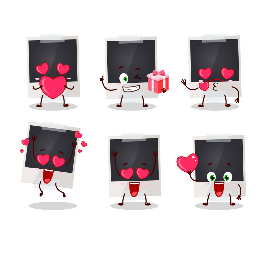 nero polaroid personaggio dei cartoni animati con amore carino emoticon - Vettoriali, immagini