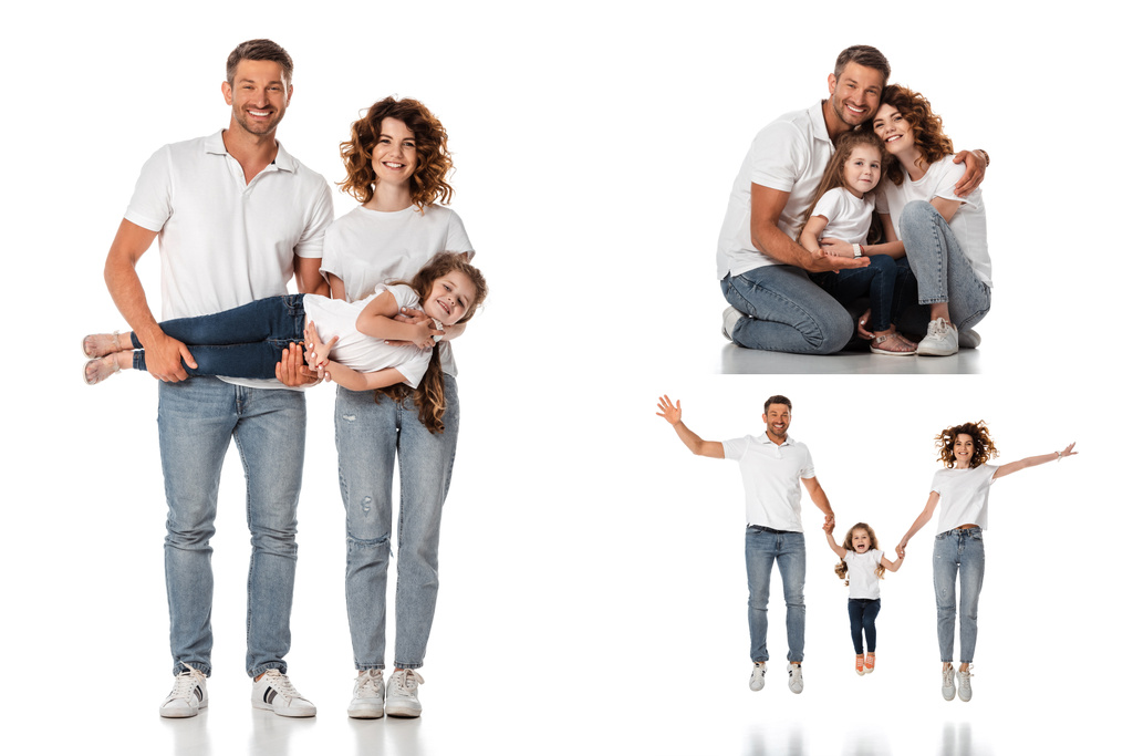 collage de la famille joyeuse tenant la main et étreignant sur blanc  - Photo, image
