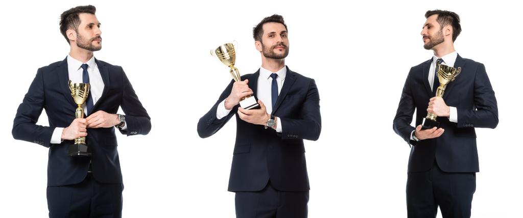 collage of bearded businessman holding golden trophy isolated on white - Photo, Image