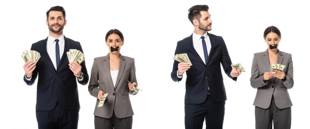 κολάζ του επιχειρηματία κρατώντας δολάρια κοντά επιχειρηματίας με κολλητική ταινία στο στόμα απομονώνονται σε λευκό, σεξισμός έννοια  - Φωτογραφία, εικόνα