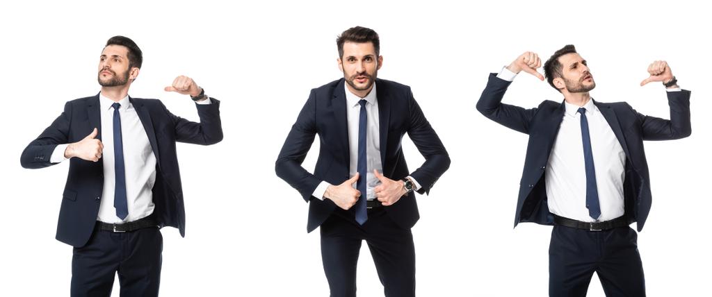 collage de hombre de negocios arrogante apuntando con los pulgares a sí mismo aislado en blanco, concepto de sexismo
  - Foto, Imagen