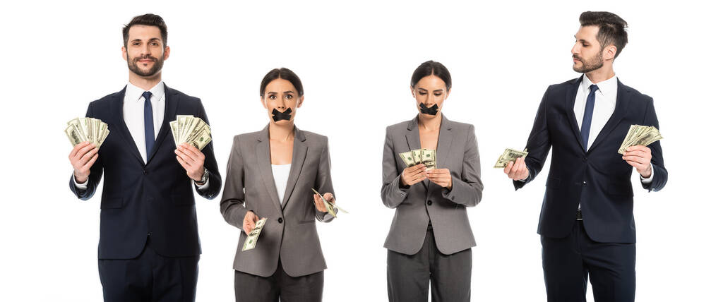 collage d'homme d'affaires tenant des billets en dollars près d'une femme d'affaires avec du ruban adhésif sur la bouche isolé sur blanc, concept de sexisme  - Photo, image