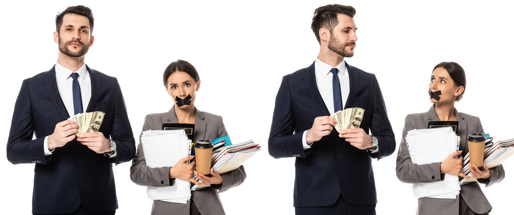 Коллаж бизнесмена, держащего доллары возле секретаря с скотчем на рту, бумажной чашкой и папками в руках, изолированных на белом
 - Фото, изображение