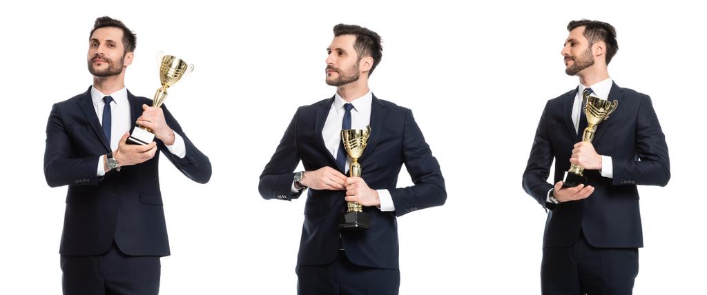 collage de hombre de negocios guapo en ropa formal sosteniendo trofeo de oro aislado en blanco
 - Foto, imagen