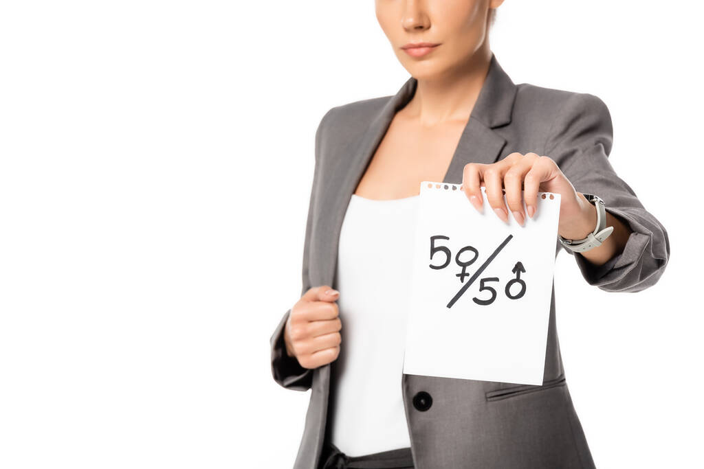 cropped view of businesswoman holding paper with fifty-fifty symbols isolated on white, gender equality concept - Photo, Image