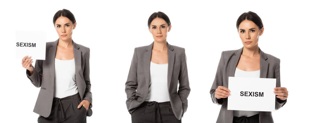 collage de mujer de negocios en traje con pancarta con letras de sexismo mientras está de pie con las manos en bolsillos aislados en blanco
  - Foto, imagen