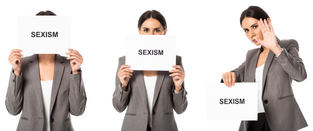 koláž obchodnice držící plakát se sexismem nápisy při ukazování stop gesto izolované na bílém  - Fotografie, Obrázek