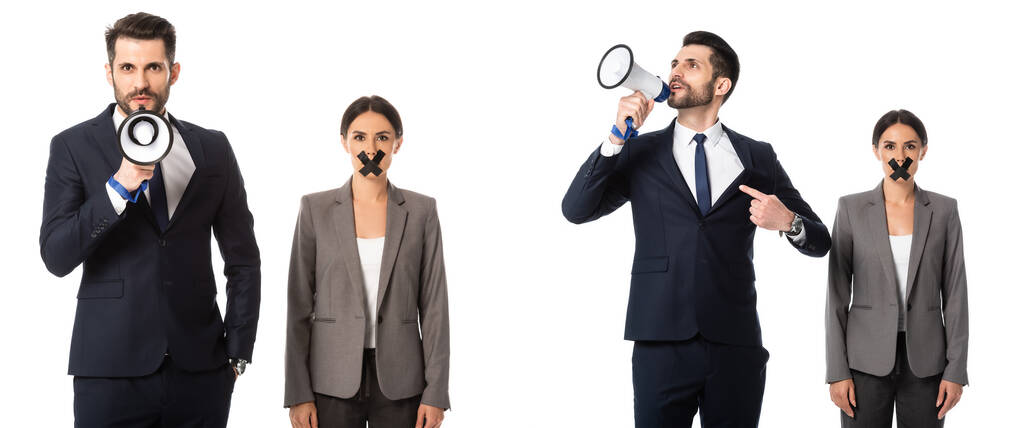 collage de hombre de negocios barbudo señalando con el dedo mientras grita en megáfono cerca de mujer de negocios con cinta adhesiva en la boca aislada en blanco
  - Foto, imagen