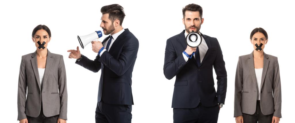 collage d'homme d'affaires en costume pointant du doigt une femme d'affaires avec du scotch sur la bouche tout en criant dans un mégaphone isolé sur blanc  - Photo, image