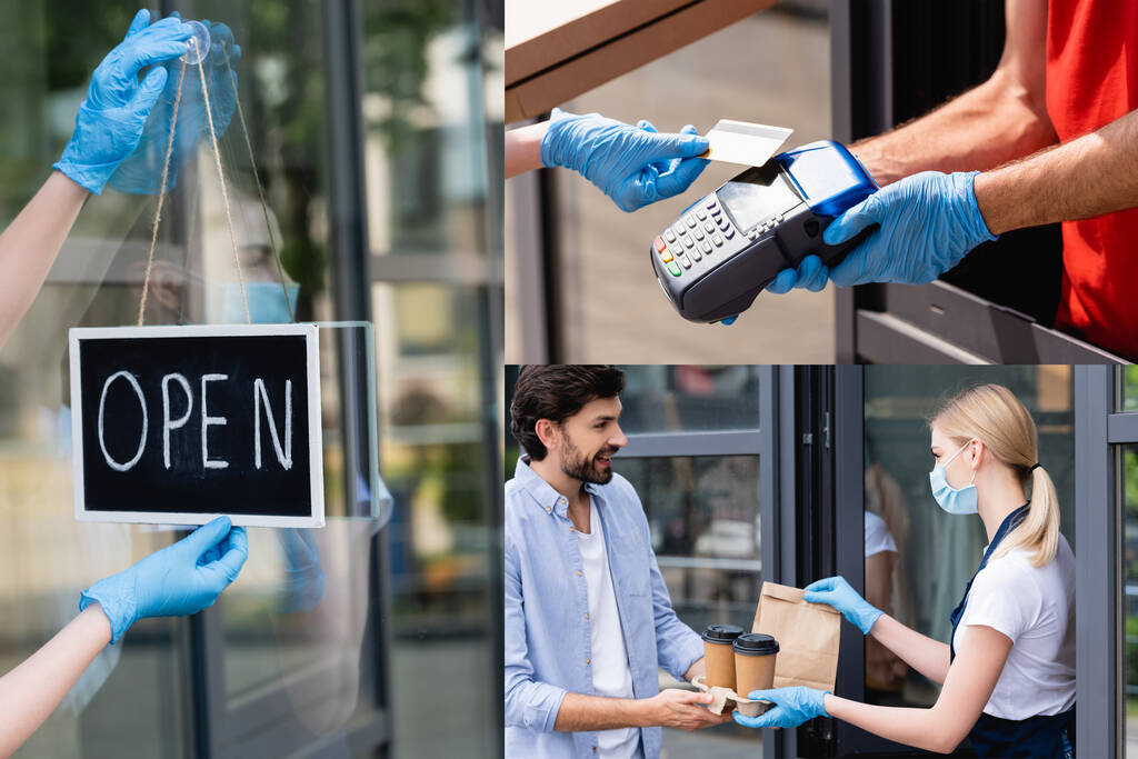 Collage de camarera colgando letrero, dando paquete y vasos de papel, cliente pagando con tarjeta de crédito
 - Foto, imagen