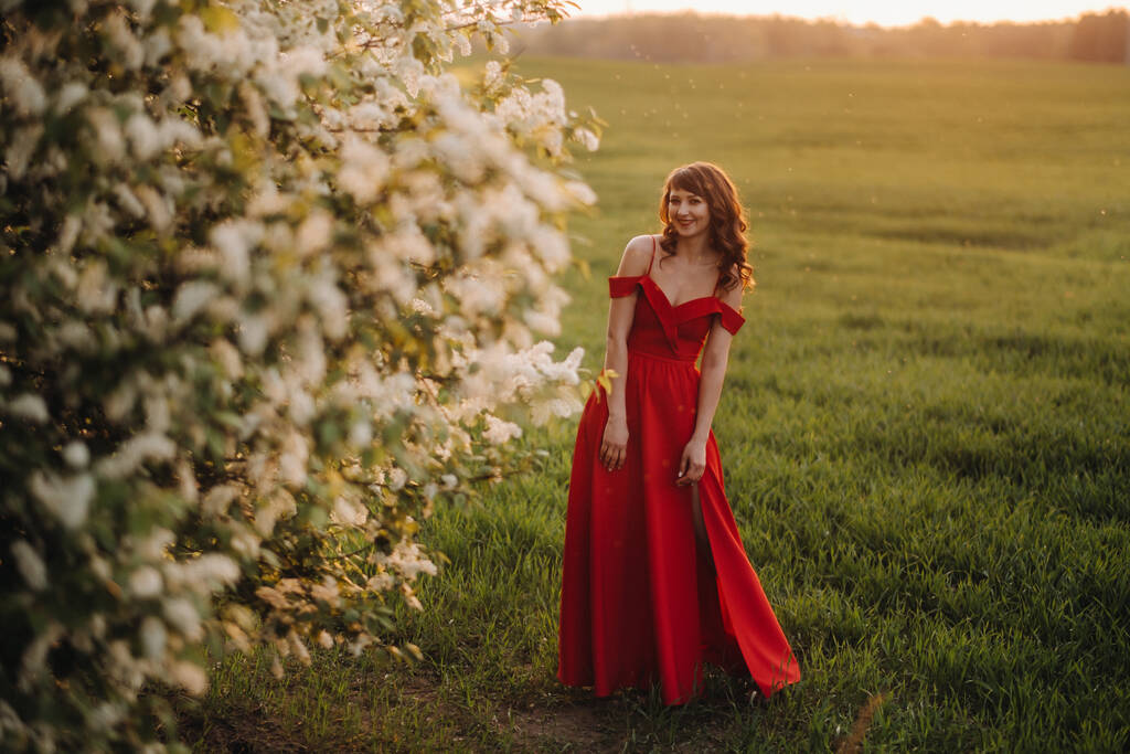 Baharda kırmızı dudaklı kırmızı elbiseli güzel bir kız büyük beyaz çiçekli bir ağacın yanında duruyor. Gün batımında. - Fotoğraf, Görsel