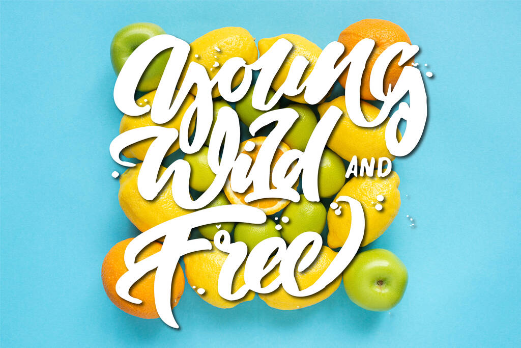 vista superior de frutas frescas em fundo azul, ilustração jovem, selvagem e livre
 - Foto, Imagem