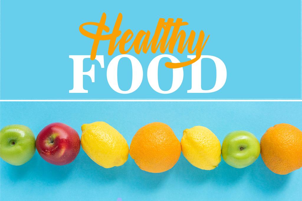 vista superior de frutas maduras e ilustración de alimentos saludables sobre fondo azul, collage
 - Foto, imagen