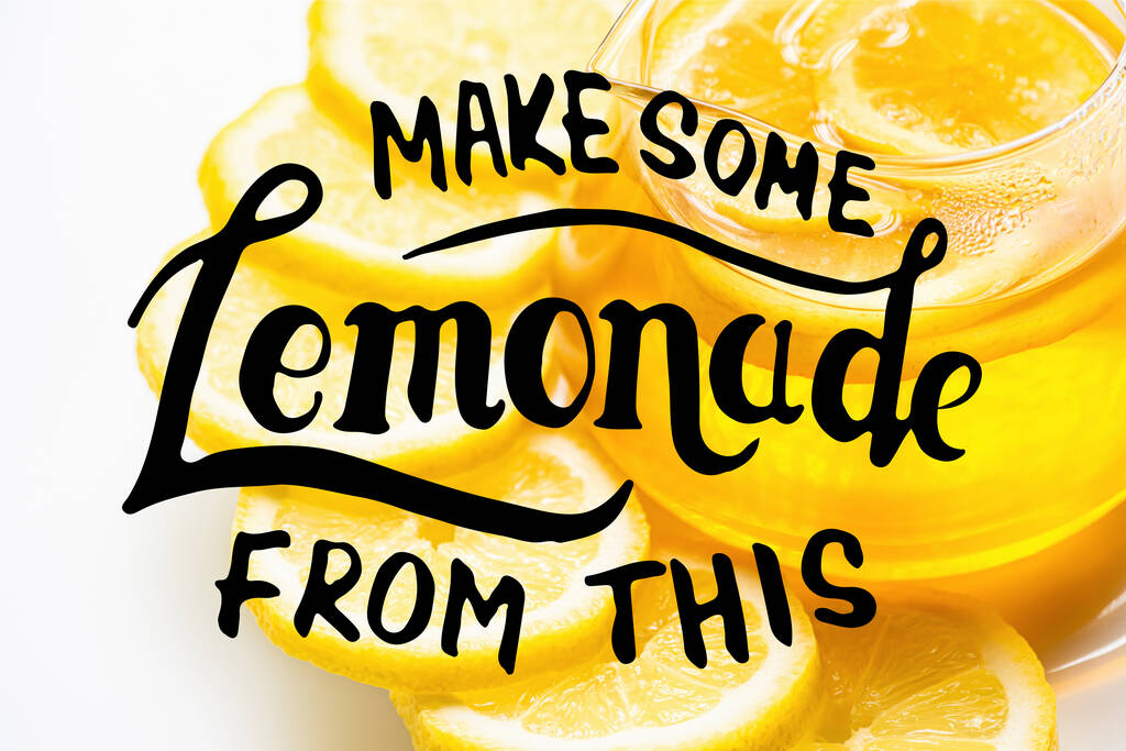 close up view of lemonade with lemon slices on white background, make some lemonade from this illustration - Photo, Image