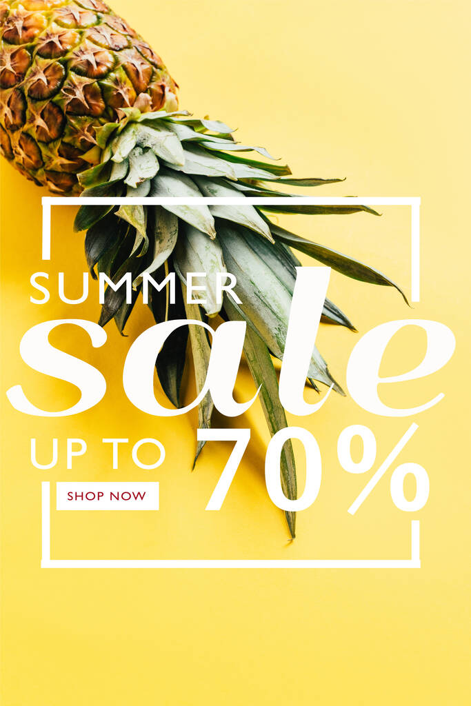 fresh ripe pineapple with green leaves on yellow background with summer sale illustration - Photo, Image