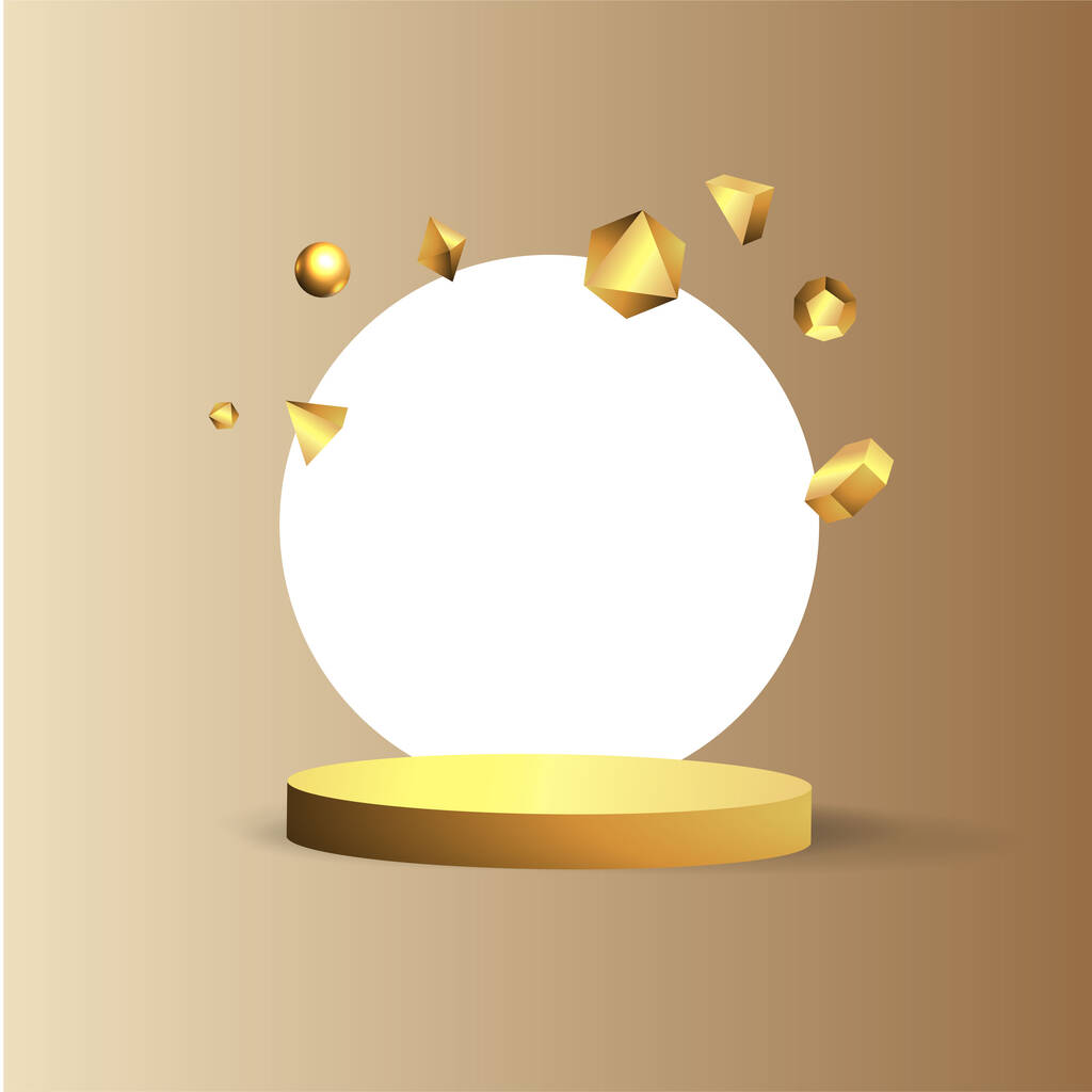 Escenario dorado metálico con formas geométricas flotantes, plataforma redonda, fondo mínimo realista, escena de lujo 3d en la pared de moca beige para la presentación del producto o la maqueta. Ilustración vectorial
 - Vector, Imagen