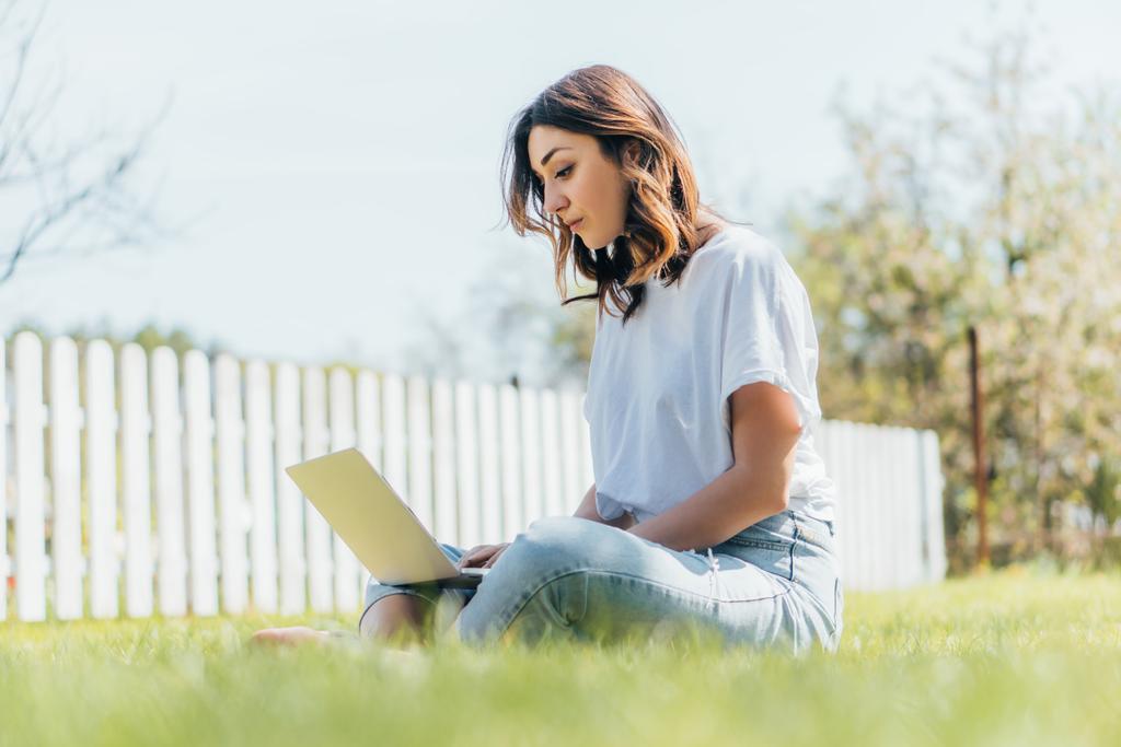selektywny ostrość piękny freelancer za pomocą laptopa i siedzi na trawie - Zdjęcie, obraz