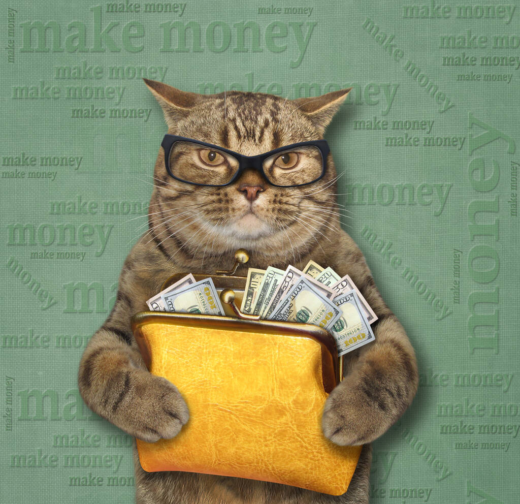 A szemüveges bézs macska egy nagy sárga bőrtáskát tart tele dollárral. Bézs háttér. - Fotó, kép