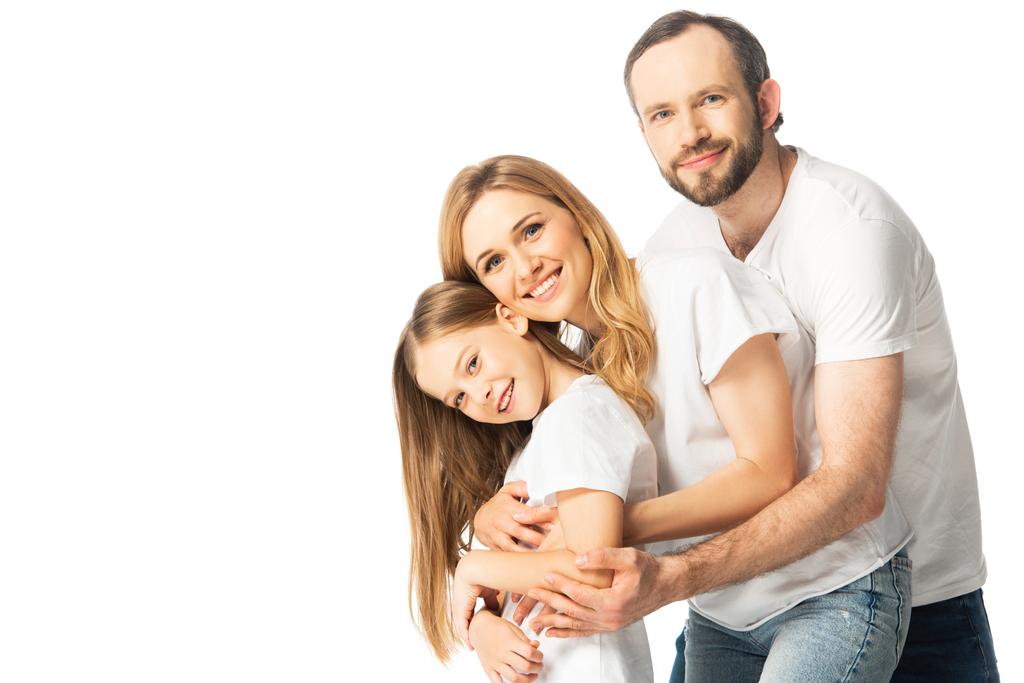 happy family in white t-shirts hugging isolated on white - Photo, Image