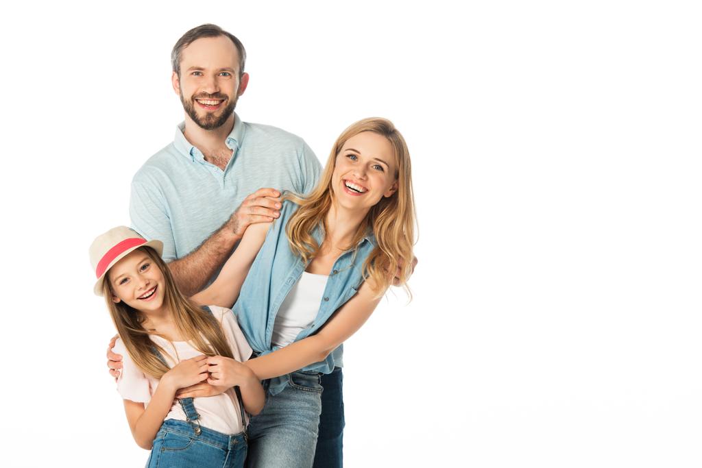 happy family smiling at camera isolated on white - Photo, Image
