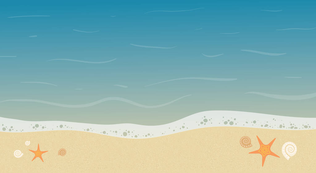 Seashore con belle conchiglie e stelle marine. Vista dall'alto oceano spiaggia sfondo. - Illustrazione vettoriale - Vettoriali, immagini