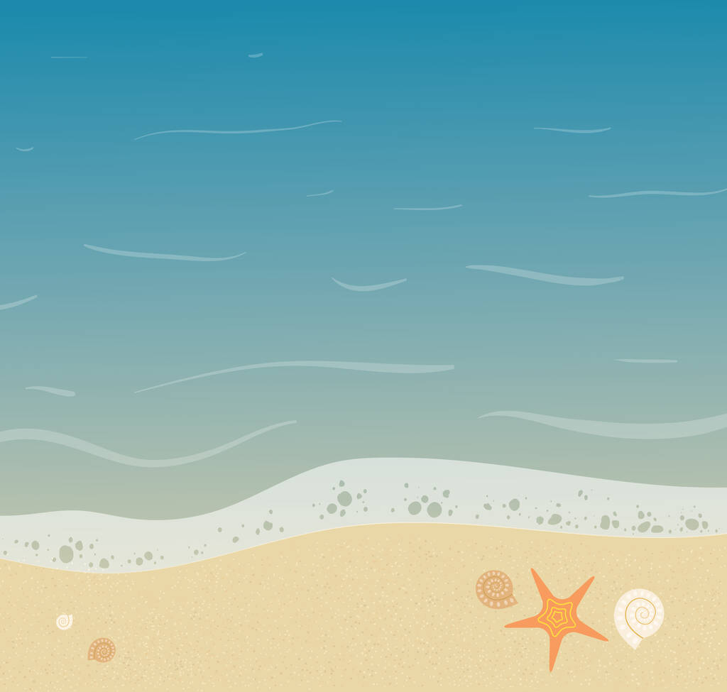 Bellissimo sfondo in riva al mare con stelle marine e piccole conchiglie su di esso. Illustrazione estiva spiaggia di sabbia. - Vettore - Vettoriali, immagini