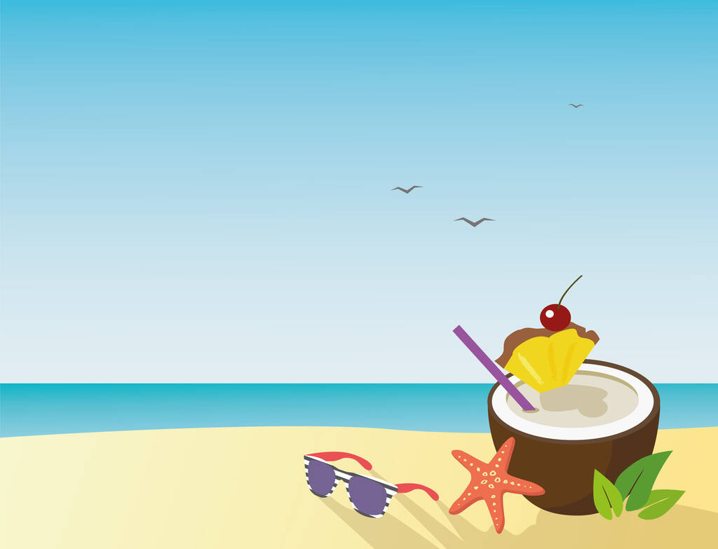 Fondo de playa de verano con cóctel estrella de mar y gafas de sol. - Vector
 - Vector, Imagen