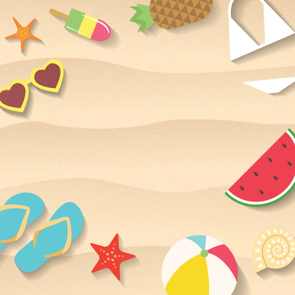 Strand Sand Hintergrund mit verschiedenen Sommergegenständen flache Abbildung. Wassermelonenscheiben, Flip Flops, Sonnenbrillen und Seesterne liegen im Sand. - Vektor - Vektor, Bild