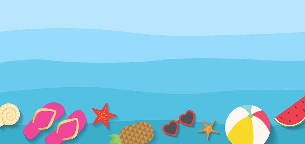 Nyári-tenger vízszintes háttér banner kék hullámok és a különböző nyári ikonok, mint a kagyló, tengeri csillag, görögdinnye, napszemüveg és így tovább. - Vektor - Vektor, kép