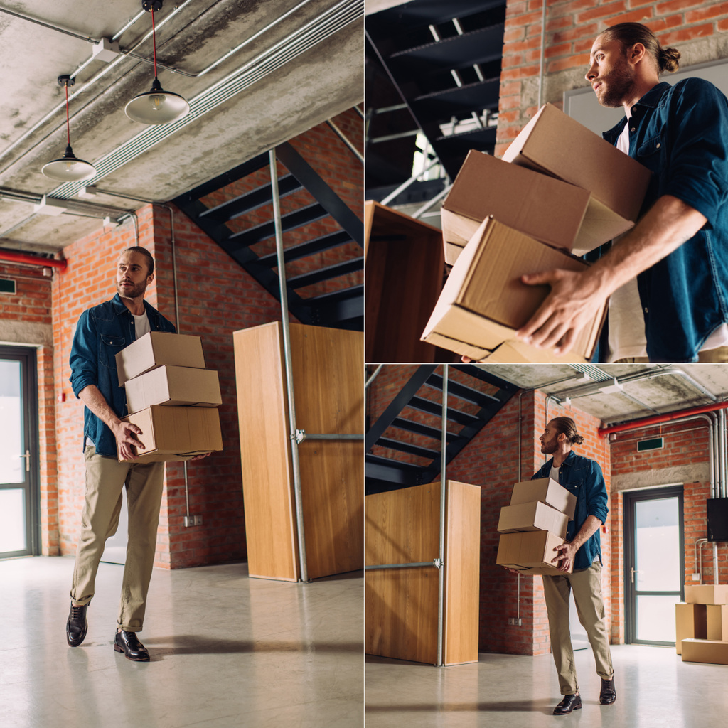 collage de hombre de negocios barbudo sosteniendo cajas de cartón mientras se mueve en una nueva oficina
 - Foto, Imagen