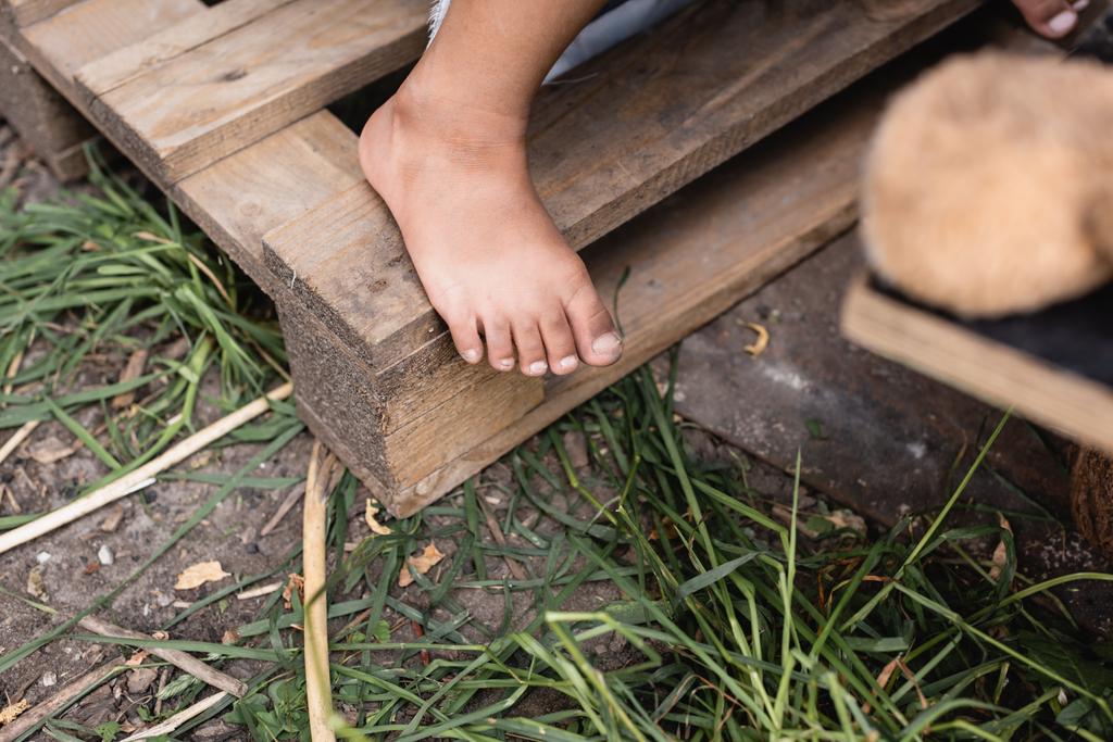 vista cortada de descalço e pobre criança andando fora
  - Foto, Imagem