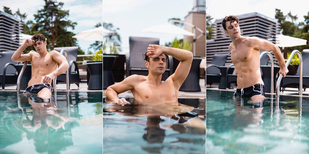 collage d'homme beau et humide près de l'échelle de la piscine dans la piscine  - Photo, image