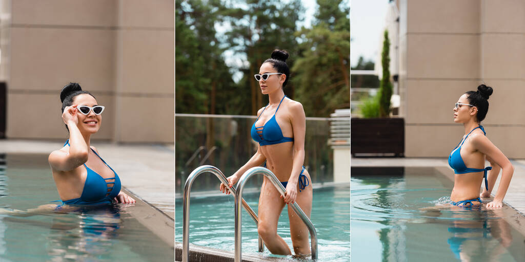 collage de mujer feliz tocando gafas de sol y de pie en la escalera de la piscina
  - Foto, imagen