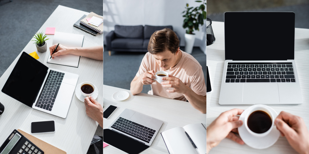 Collage of man holding cup and taking notes near írószer és okostelefon az asztalon, kereső online koncepció - Fotó, kép